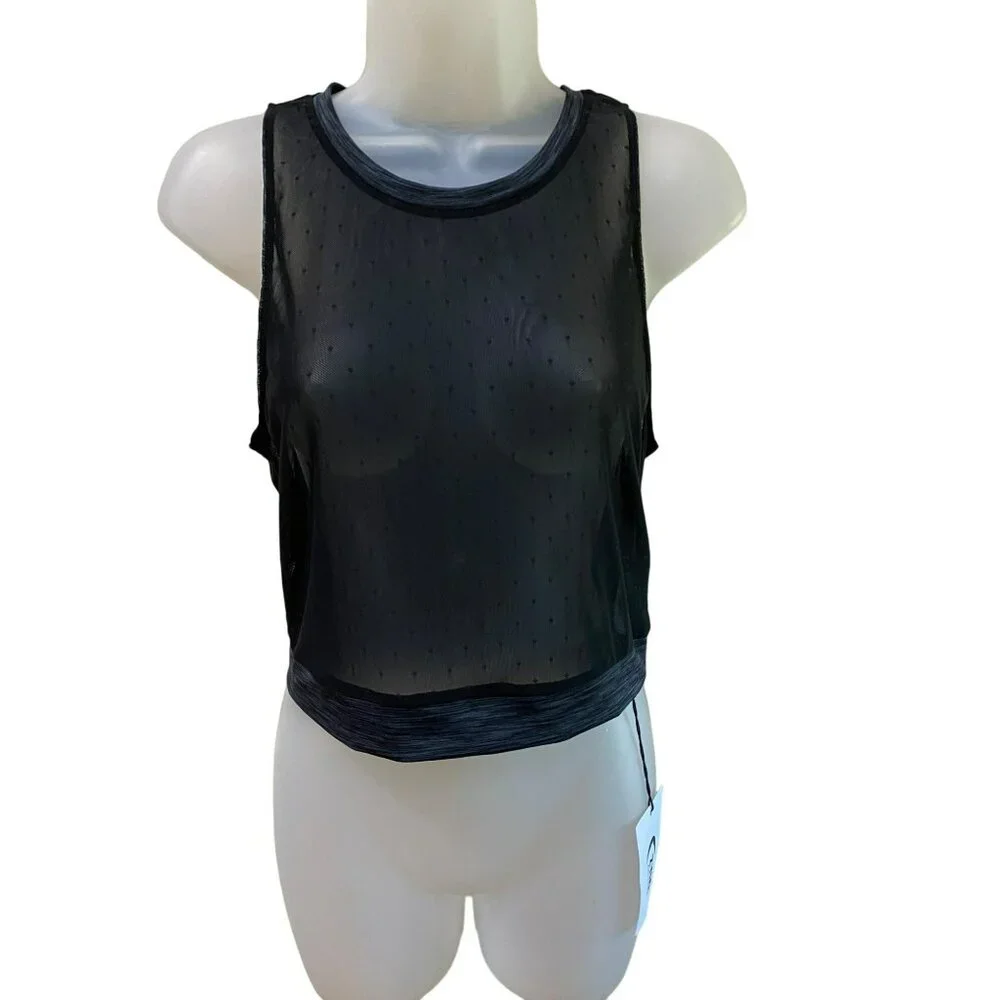 NWT ZYIA Active Women's Calm Luxe High Neck Mesh Tank Top Polka Dot Black Sz Lar - Picture 3 of 10